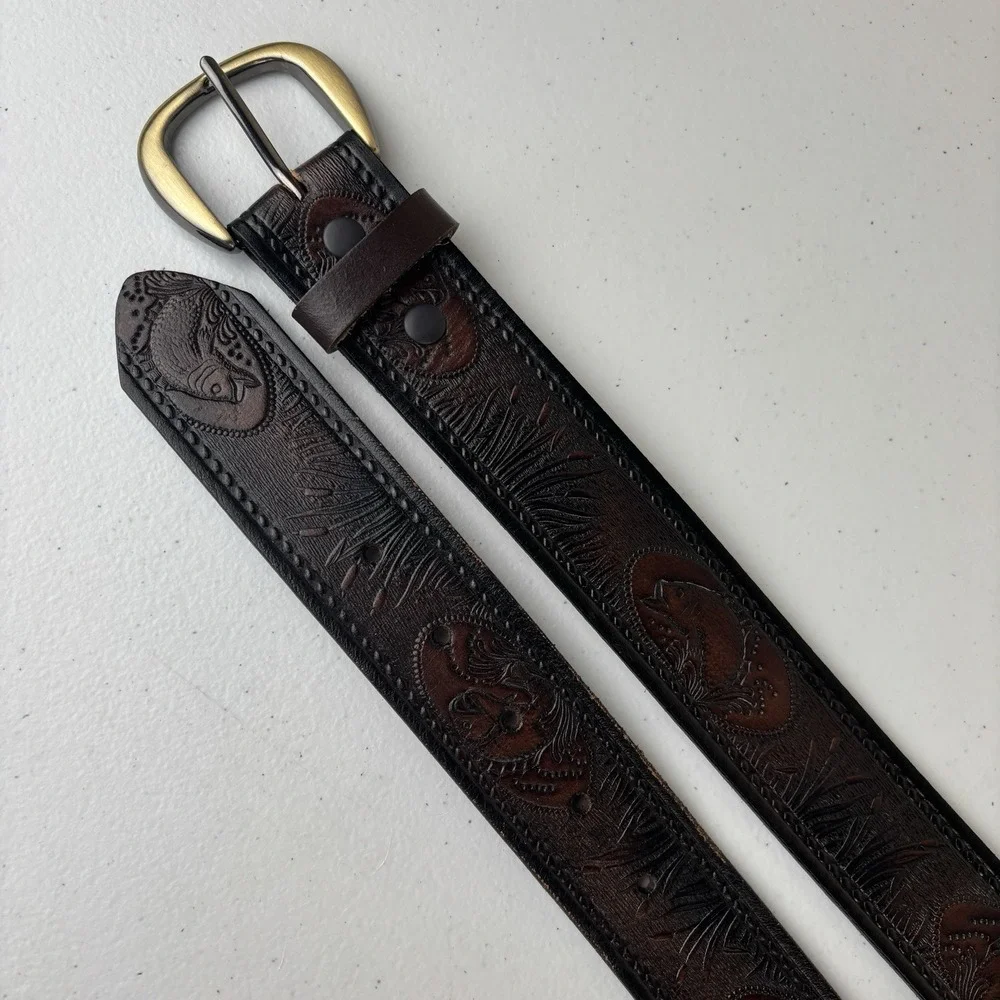 Leather‎ Fishing Belt Sz 38 Bass Fisherman Tooled Brown Leather Removable Buckle